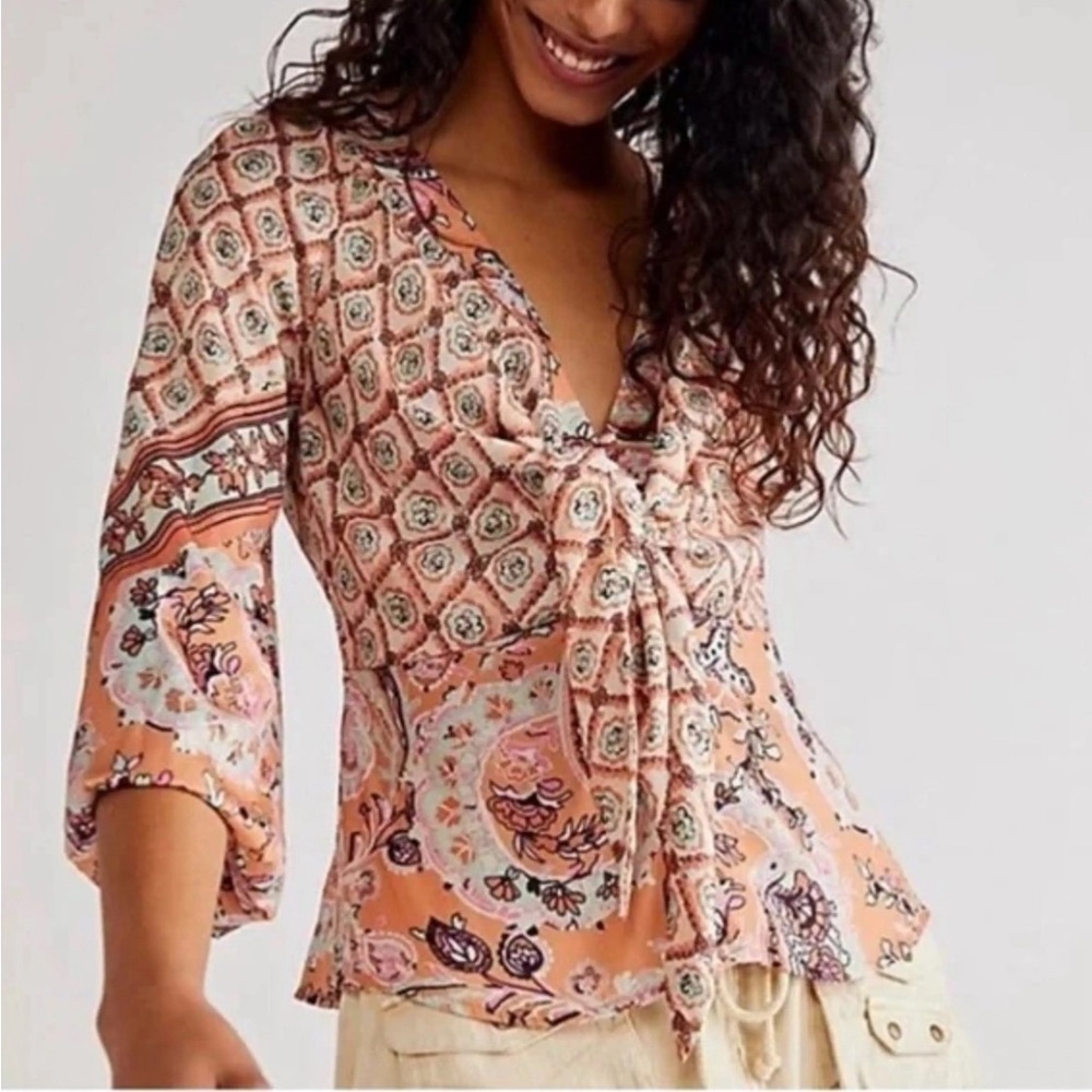 Free People Silky Orange And Blue Paisley Tie Front Blouse Size Extra Small
